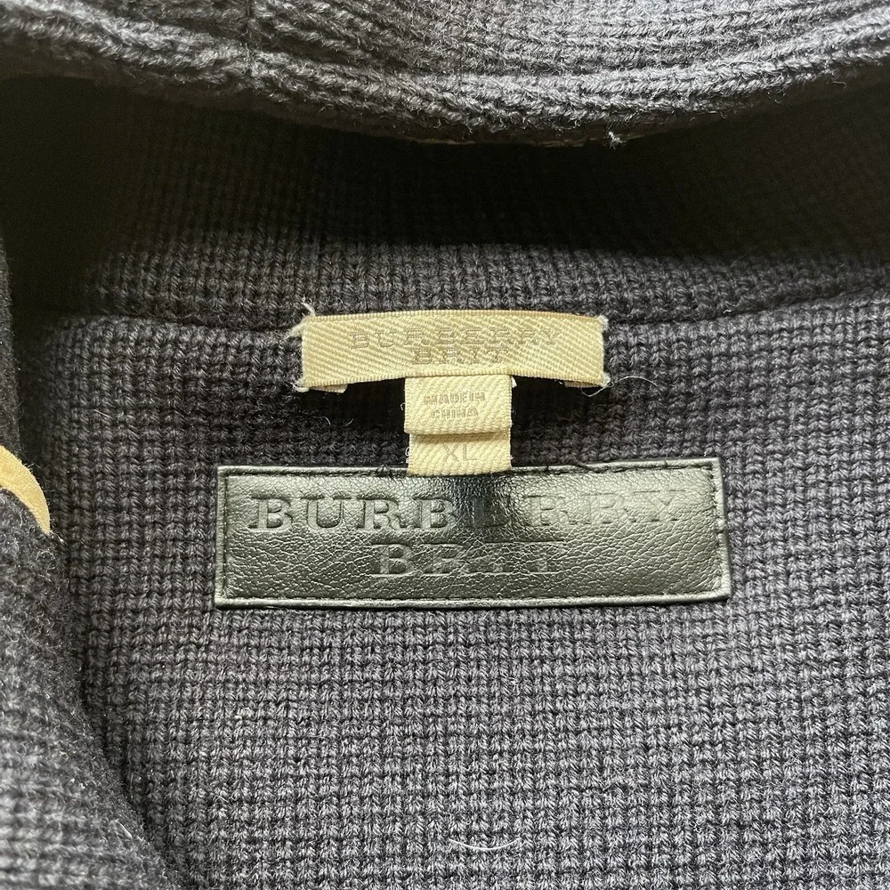Burberry Brit Merino Wool Knit Duffle Coat Navy Hooded Toggle Nova Check XL - Picture 3 of 10